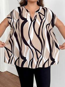 SHEIN CURVE+ Áo sơ mi tay ngắn in họa tiết tối giản cỡ lớn, phong cách thường ngày. - màu nâu - Xem 6