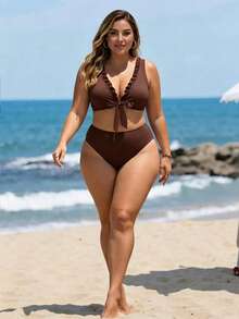 Swim Lushoire Plus Size Women Summer Beach Solid Color Ruched Casual Bikini And Triangle Panty Swimwear Set - Brown - View 6