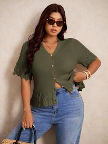 Elaquor Plus Size Women Casual Solid Color Short Sleeve Cardigan - Olive Green - View 6
