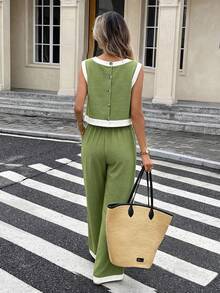Serisse Women's Summer Casual Vacation & Commute Contrast Trim Cropped Tank Top And Wide Leg Pants 2 Pieces Set - Green - View 2