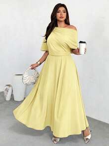 Firerie Plus Size Women's Summer Casual Everyday Commute Vacation Style Solid Color Asymmetric Neck Cinched Waist Dress - Light Yellow - View 8