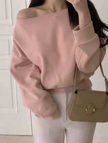 DAZY Ladies' Plain Asymmetrical Shoulder T-Shirt Long Sleeve Women Tops Off Shoulder Top - Pink - View 6