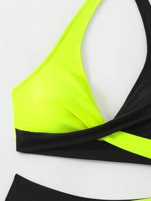 Swim Lushoire 2pcs/Set Women Solid Color Splice Bikini Top And Bottom Swimwear Summer - Multicolor - View 4