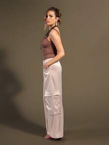 Rouah Women's Solid Color Pocket Button Casual Cargo Pant In Soft Premium Satin, Versatile For Daily Wear - Champagne - View 5