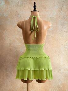Mistrie Summer Bohemian Resort Style Fresh Green Versatile Pleated Slimming Halter Backless Mini Dress - Green - View 5