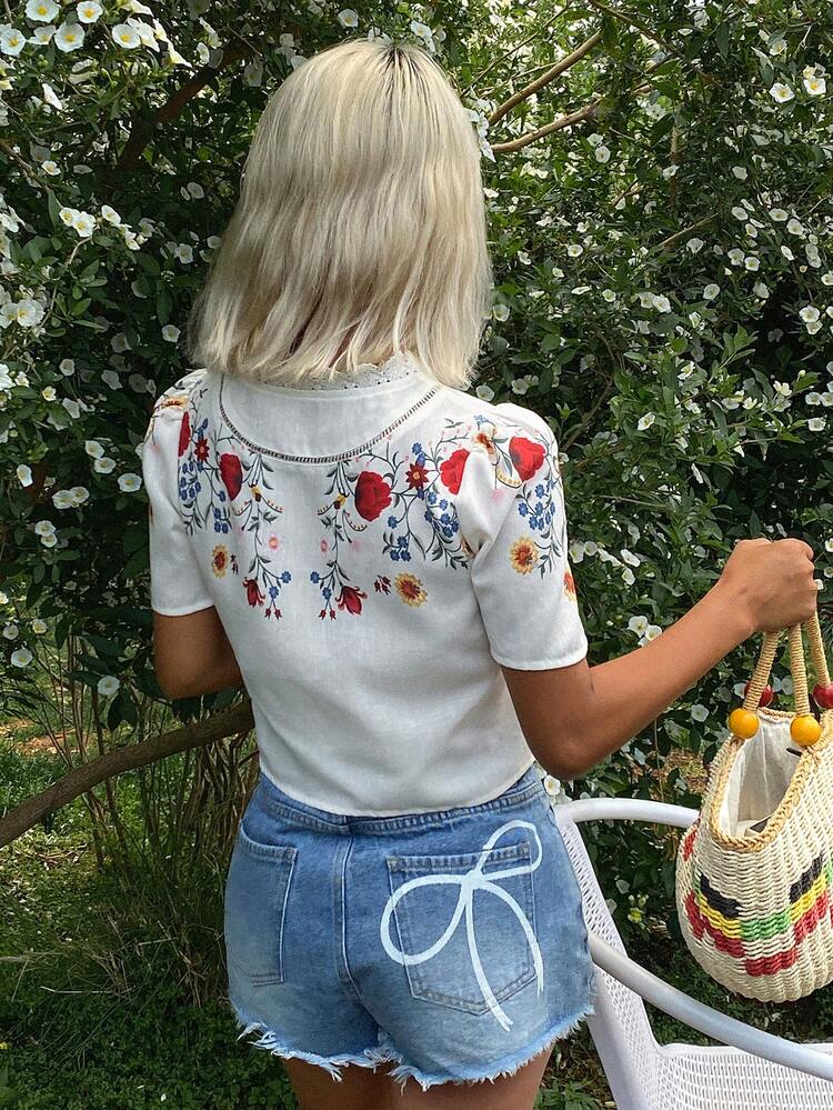 Floral Print Contrast Lace Princess Sleeve Cropped Elegant Summer Blouse For Women