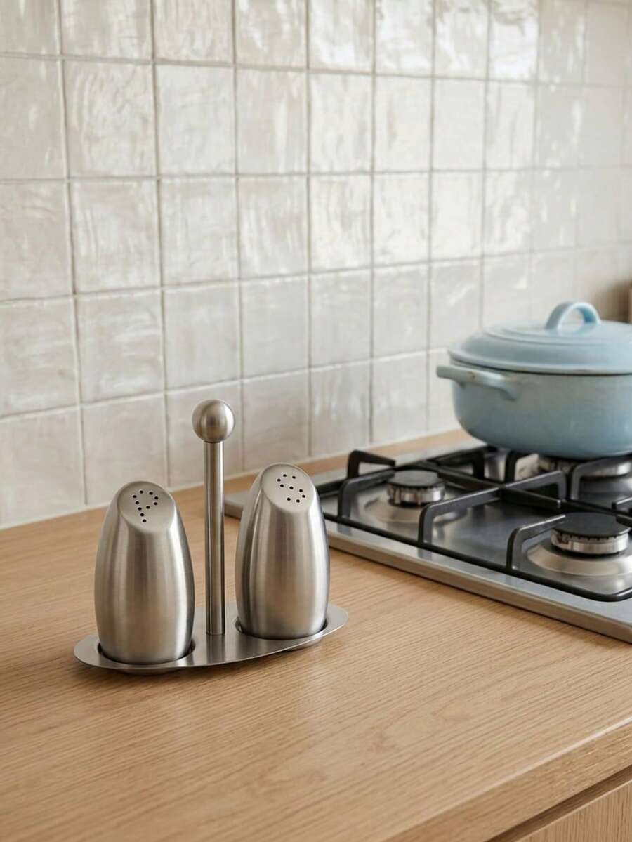 Cirelle Stainless Steel Salt And Pepper Shakers Set With Caddy, Modern Salt And Pepper Dispensers With Stand For Kitchen, Dining Table - Silver - View 1