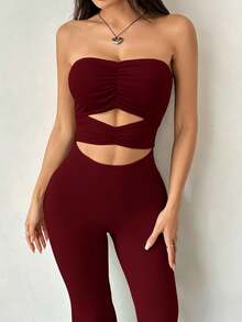 SHEIN Unity Women's Solid Color Ruched Hollow Casual Jumpsuit - Burgundy - View 4