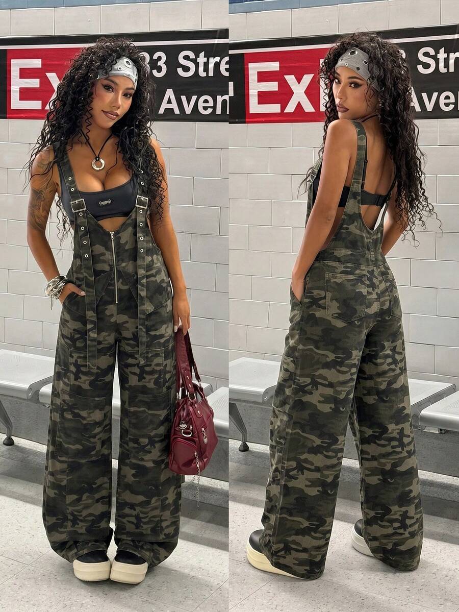 StreetHx Women's Casual Versatile Everyday Wear Camouflage Denim Jumpsuit - Multicolor - View 1