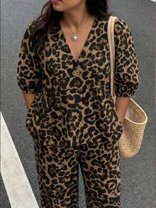 Enliva Plus Size Leopard Print Shirt And Pants 2 Pieces Set, For Apple And Rounded Holiday Vacation Summer Boho - Multicolor - View 7