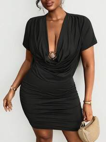 Sassy Hour Plus Size Summer Fashionable Ruffled Neckline Bodycon Dress - Black - View 8