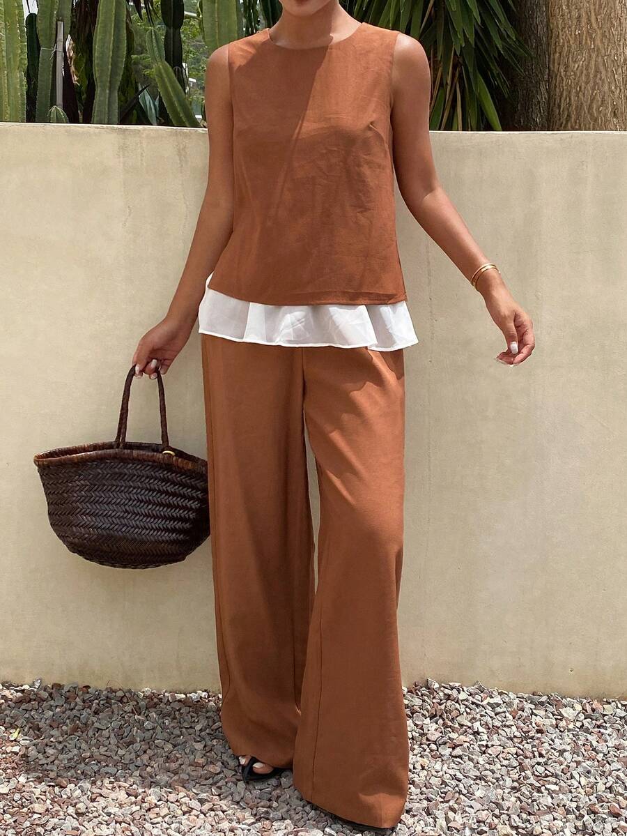Livesso Women's 2pcs Set Round Neck Sleeveless Patchwork Top And Casual Minimalist Long Pants Vacation Shades Of Dark Brown Summer Brunch - Brown - View 1