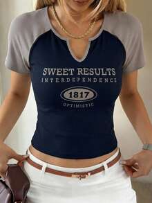 DAZY Letter Graphic Notched Neckline Contrast Raglan Sleeve Crop Tee - Navy Blue - View 7