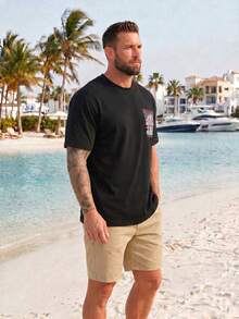 ResortEase Camiseta de talla grande para hombre con estampado de setas y letras, para verano - Negro - Ver 3