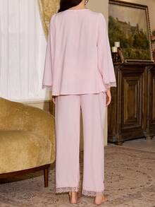 Moonlight&Mama Embroidered Button Comfortable Maternity Top And Casual Lounge Pants Pajama Set - Baby Pink - View 2