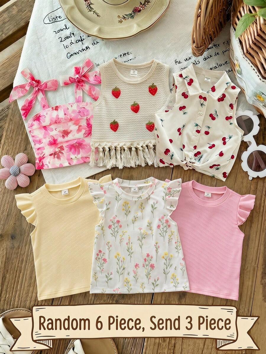 SHEIN 3件套女童针织纯色及碎花圆领休闲T恤 - 彩色 - 查看 1