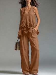 LUMIGAL Women's Solid Color V-Neck Pleated Top And Pants Casual Suit - Coffee Brown - View 4