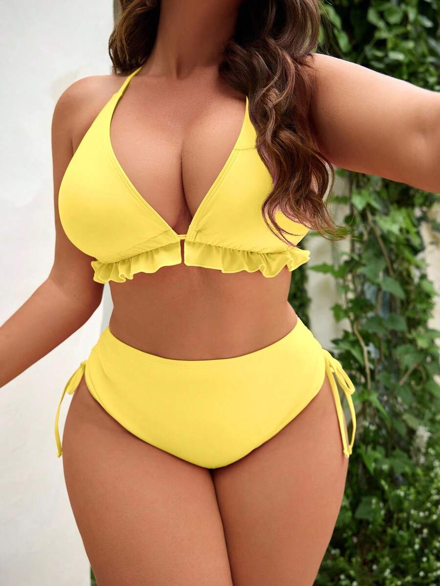 Swim Mod Plus Size Women's Sweet Cute Minimalist Beach Vacation Casual Pink Solid Ruffle Halter Drawstring Tie Waist 2-Piece Swimwear Set - Yellow - View 1