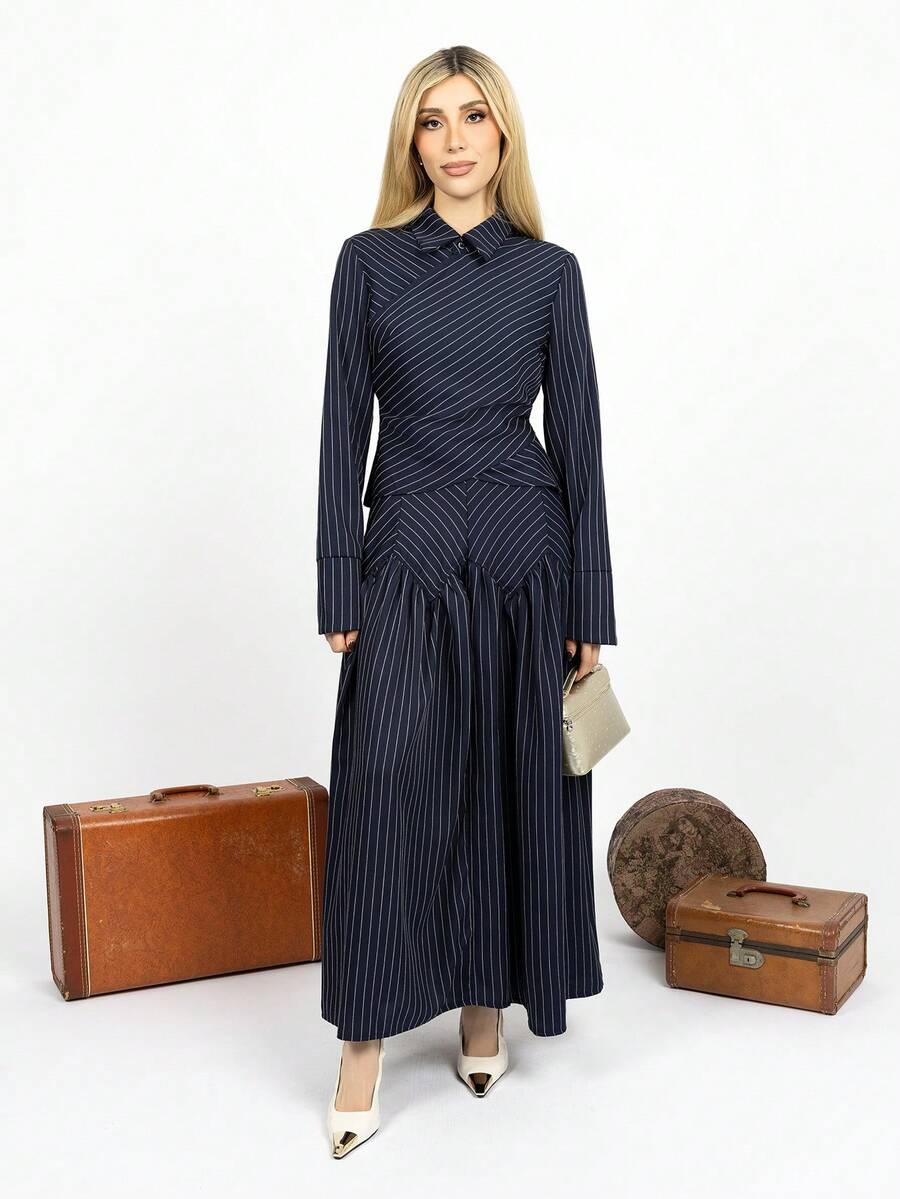 PRISCILA ESCOTO PRISCILA ESCOTO Navy Blue Striped Commuter Shirt And Skirt Set, Autumn/Winter Elegant Pleated Skirt Set Spring - Navy Blue - View 1
