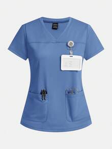 TaskEZ 纯色V领短袖带口袋医用工作服上衣 - 彩色 - 查看 7