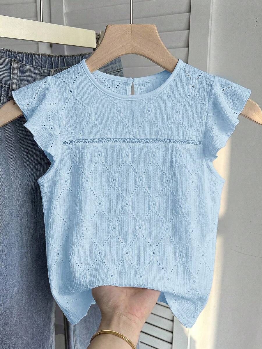 SHEIN 少女蓝色纹理编织圆领褶皱荷叶边休闲衬衫,度假风,法式优雅办公装,适合日常通勤、暑假、返校季穿着 - 藍色 - 查看 1