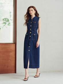 MOTF PREMIUM WOMEN'S SLEEVELESS DENIM DRESS WITH FLAP POCKETS AND BELT - Dark Wash - View 4