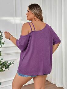 SHEIN CURVE+ Camiseta casual holgada de manga corta con cuello redondo y estampado de teñido anudado para mujer de talla grande, primavera/verano - Morado - Ver 2