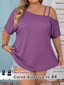 SHEIN CURVE+ Camiseta casual holgada de manga corta con cuello redondo y estampado de teñido anudado para mujer de talla grande, primavera/verano - Morado - Ver 3