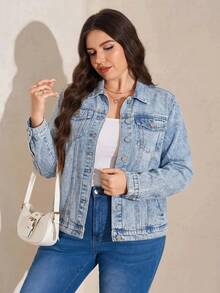 SHEIN LUNE Plus Size Washed Denim Jacket, Casual For Spring & Autumn - Light Wash - View 6