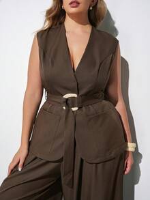 Maija Plus Size V-Neck Lapel Collar Wrap Tie Waist Loose Pocket Wide Leg Pants Suit, Modern Resort Casual Low-Key Autumn Outfit Halloween - Brown - View 7