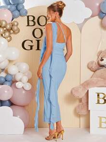 Loomaby Maternity Solid Color Sleeveless Wrap Dress With Elegant Sash Design - Blue - View 2