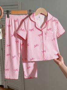 Girls' Apricot Bowknot Bubble Print Short Sleeve Pajama Set - Multicolor - View 10
