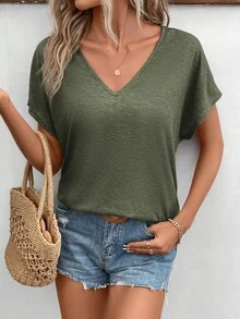 SHEIN Frenchy 女士纯色V领蝙蝠袖短袖休闲百搭T恤 - 軍綠色 - 查看 7