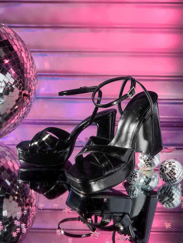 CUCCOO LuxiPop Women's Shoes Black Mirror Cross Strap Design Fashionable Sexy High Thick Heel Water Table Sandals