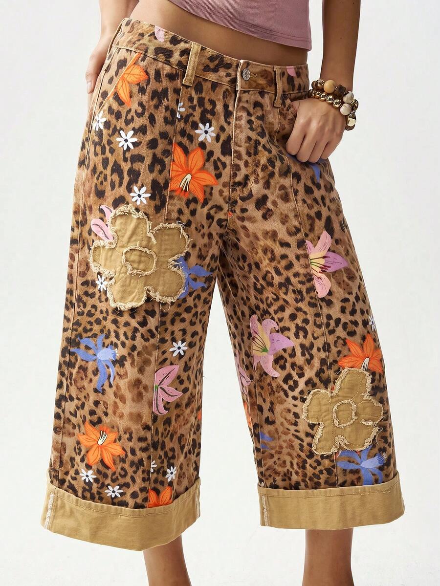 Bohemela 女款休閒 Y2K 90年代 2000年代 牛仔風編織拼接刺繡七分褲 峇里島度假 邁阿密度假 棕色花卉 夏季日常海灘穿搭 - 彩色 - 查看 1
