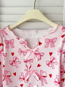 SHEIN 青少年女孩休閒日常百搭舒適寬鬆蝴蝶結圖案家居服 秋冬套裝 - 淺粉色 - 查看 6
