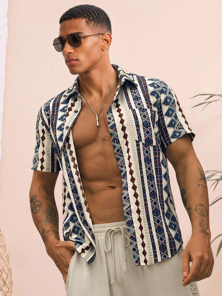 Manfinity VCAY Men Woven Casual Vacation Summer Geo Print Short-Sleeved Shirt, For Vacation, Beach - Multicolor - View 1
