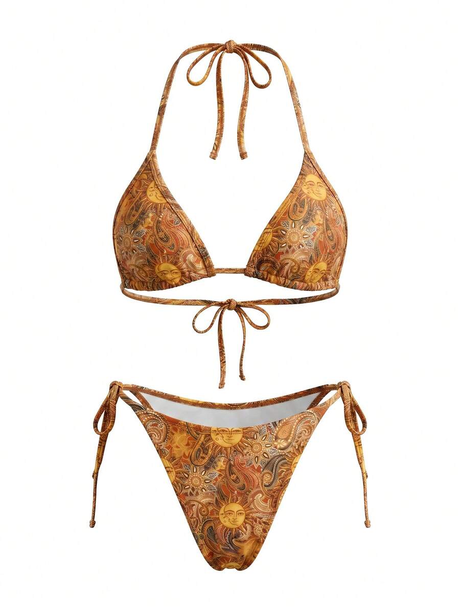 Sweetra Conjunto de bikini y calzoncillos triangulares con estampado completo, de corte sexy y con atar en el cuello para mujer, ideal para la playa en verano - Multicolor - Ver 1