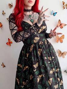 Whyspr Vintage Boho Plus Size Midi Dress With Star Pattern Spaghetti Strap Sleeveless Flared Hem Ruched Details - Black - View 9