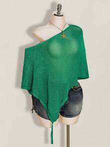SHEIN ICON Plus Size Women's Green Autumn Boho Sexy Vacation Holiday Retro Y2K Off-Shoulder Tassel Loose Shawl Sweater Top,Millennial Style Urban Modern Beach - Green - View 1
