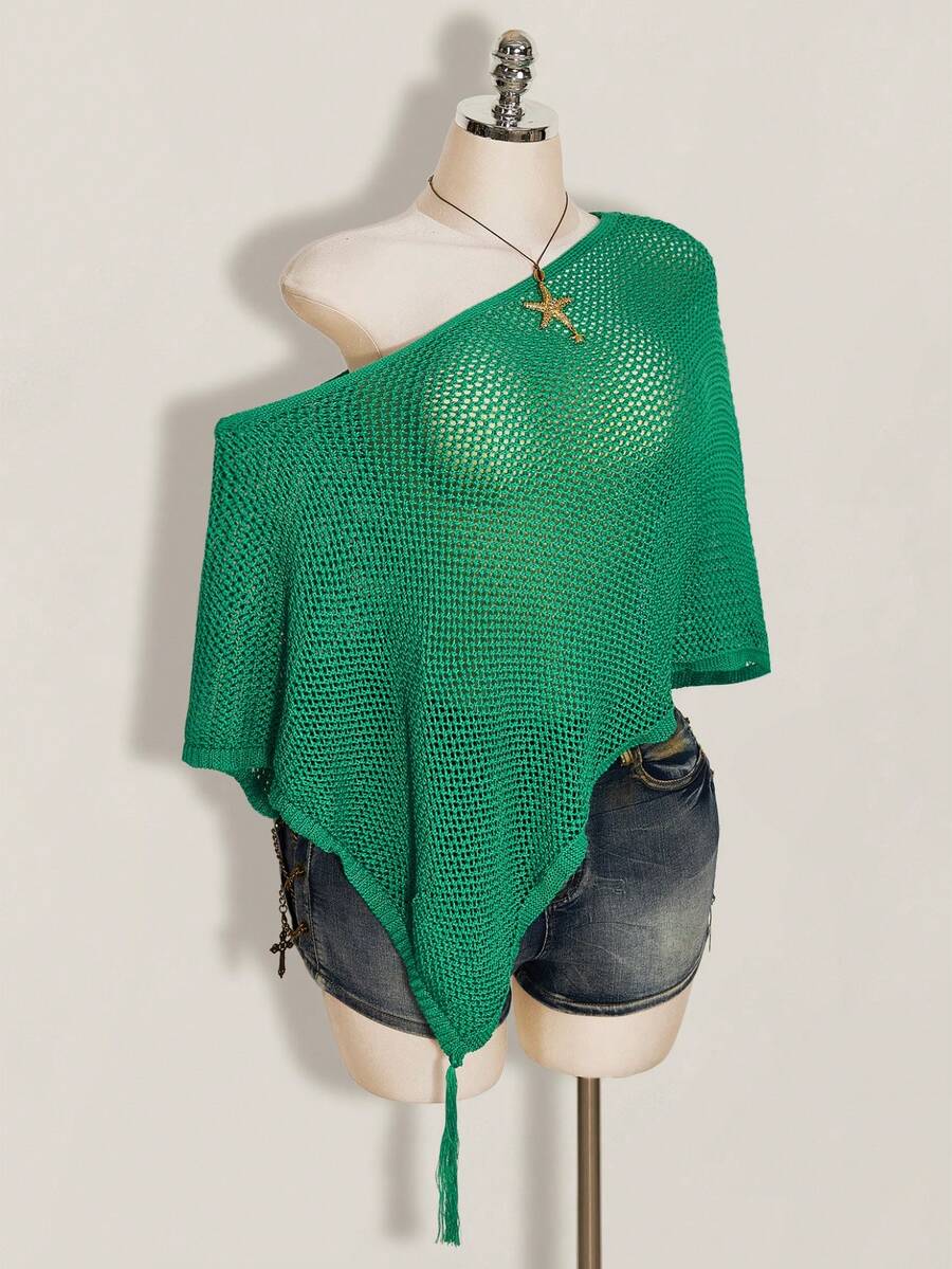 SHEIN ICON Plus Size Women's Green Autumn Boho Sexy Vacation Holiday Retro Y2K Off-Shoulder Tassel Loose Shawl Sweater Top,Millennial Style Urban Modern Beach - Green - View 1