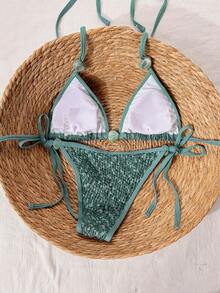 Swim Mod 2026 Spring/Summer Green Textured Fabric Halter Neck Beaded Bikini Set With High Cut Side Tie Bottoms For Women - Green - View 2
