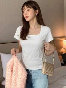 DAZY Women's Round Neck Solid Color Basic White Short Sleeve T-Shirt, Spring/Summer - White - View 5