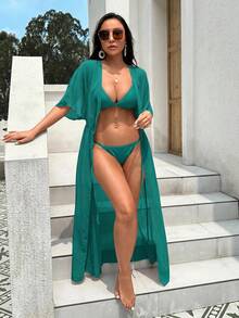 Breezaya Damen einfarbiger Kimono mit Fledermausärmeln, locker geschnitten, lang - Taubenblau - Übersicht 4