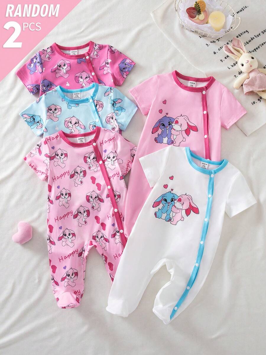 SHEIN 2件套新生儿柔软舒适连体睡衣，爱心和花朵印花，短袖连脚设计 - 彩色 - 查看 1
