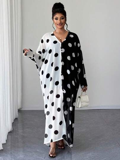 Maweii Plus Size Women's Contrast Polka Dot Patchwork Sheer Slit Batwing Sleeve Sexy Bodycon Dress