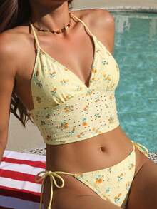 Swim Mod 女士性感碎花露背系带吊带泳衣，适合海滩和度假 - 黃色 - 查看 1