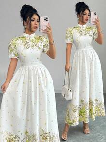 Elenzga Damen elegantes Kleid mit Blume Muster, Taillengürtel und Puffärmeln, Sommer - Lindgrün - Übersicht 1