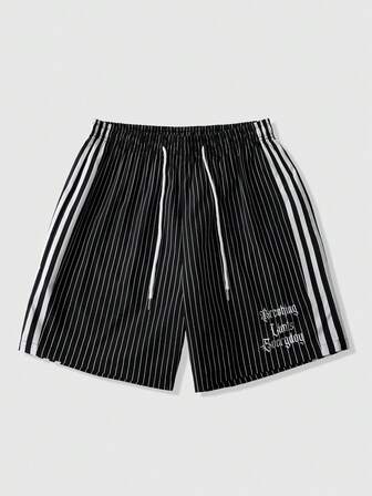 Pantaloncini casual da uomo con vita con coulisse e stampa a righe a contrasto