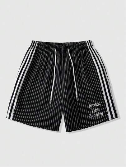 ROMWE MEN Men's Contrast Stripe Print Drawstring Waist Casual Shorts